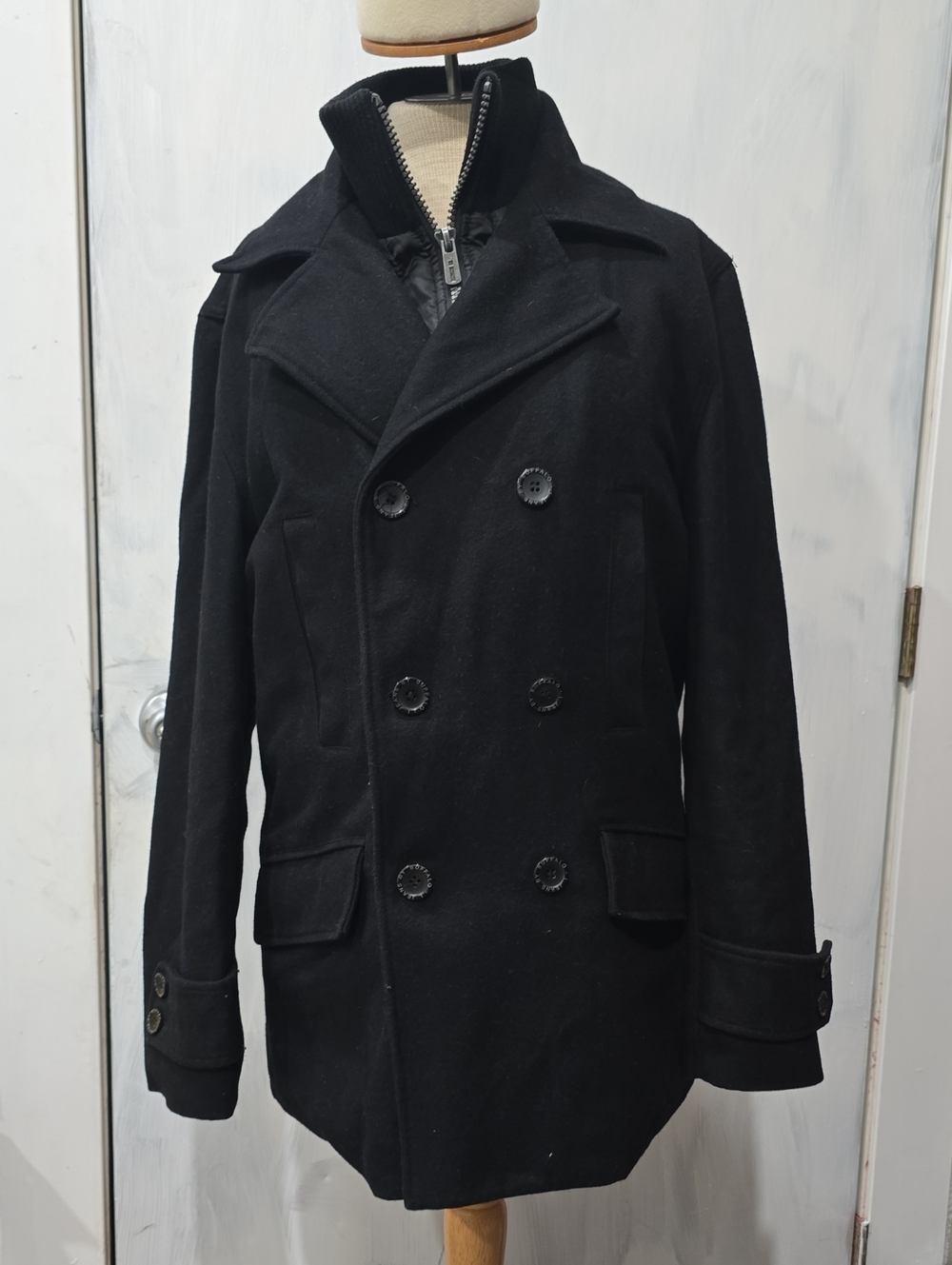 i jeans by Buffalo Black Double-Breasted Wool Pea Coat with Inner Zip